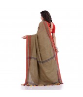 Women`s Traditional Bengali Tant Handloom Cotton Saree Loveria Design With Blouse Piece (Tan Colour)